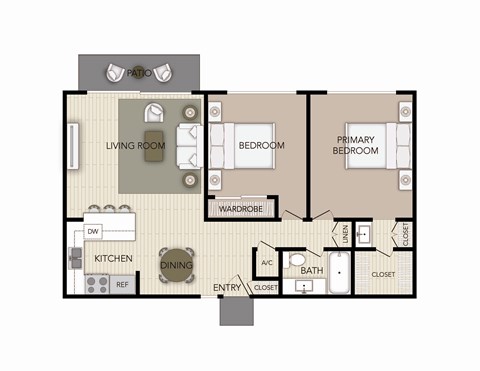 Floor plan for 2 beds, 1 bath, 964 sqft